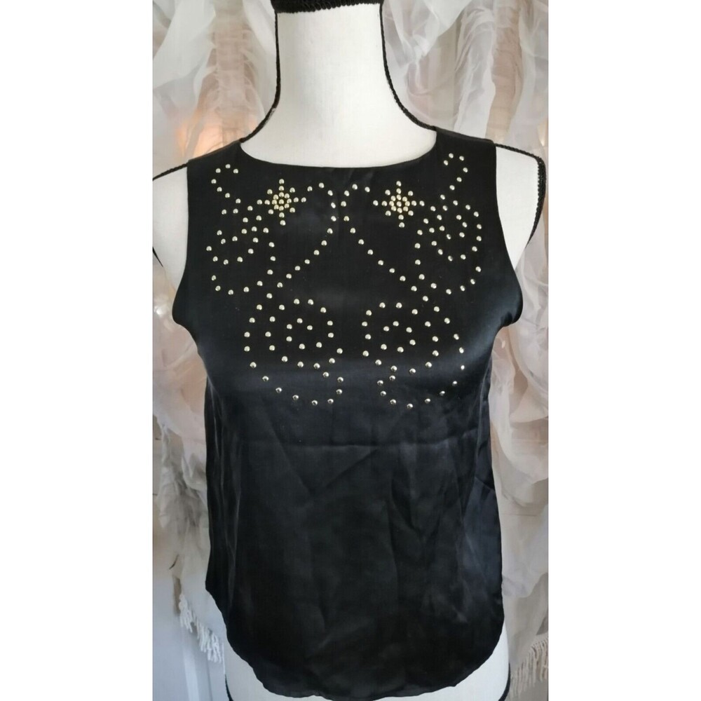 Women 100% Silk Top Blouse Gold Bead Sleeveless Black Size P